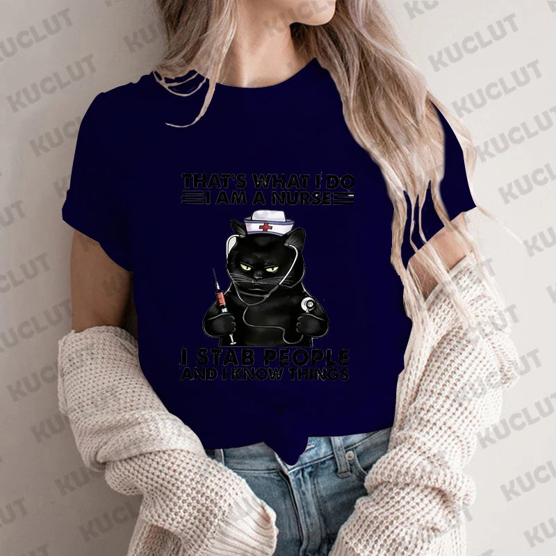 That's What I Do I Am A Nurse Print T-Shirt for Women Clothing Funny Nurse Tee Shirt Femme Kawaii Black Cat Tops Nursing Clothes